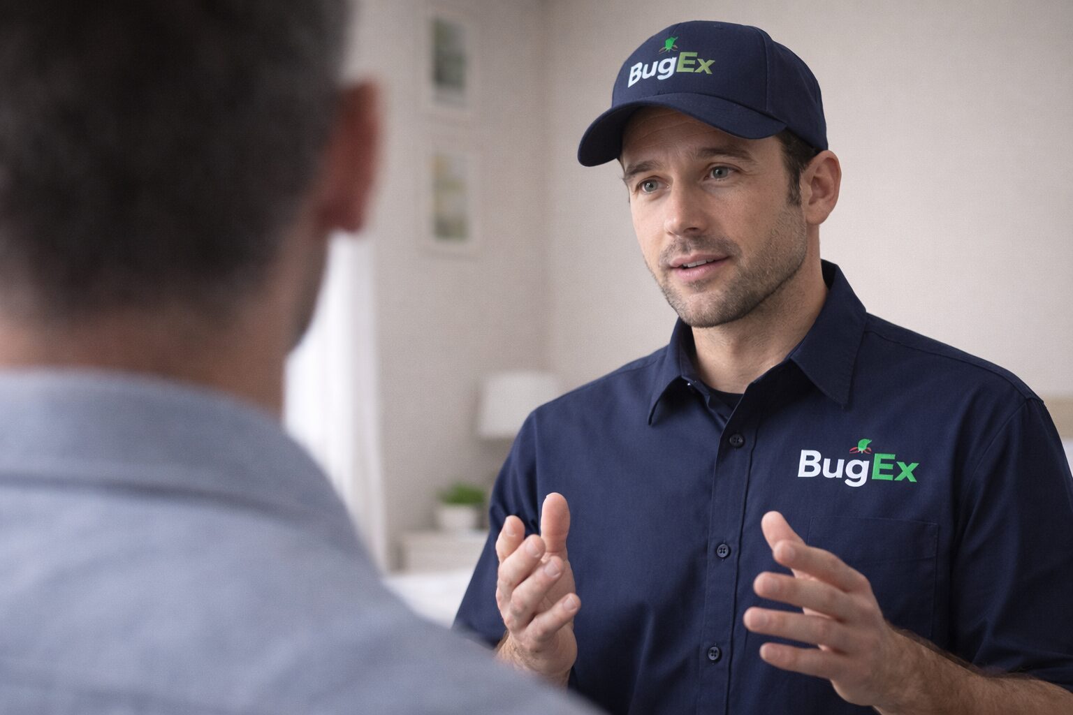 Schädlingsbekämpfer berät Kunden zuhause zum Bettwanzen bekämpfen lassen im eigenen Zuhause