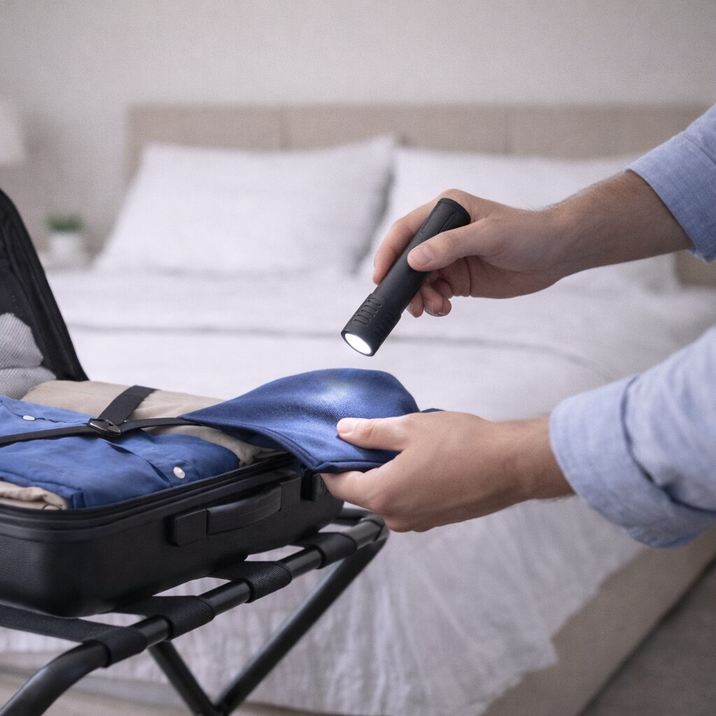 Kontrolle eines offenen Koffers mit Taschenlampe im Schlafzimmer beim Bettwanzen bekämpfen lassen Schweiz