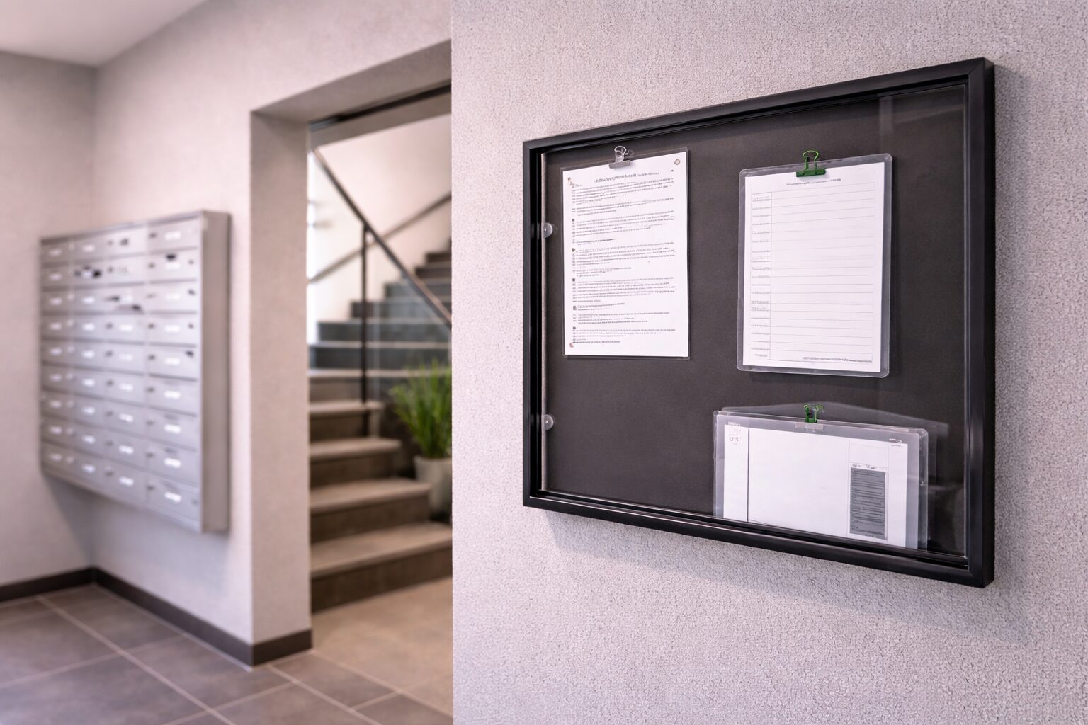 Hauseingang eines Mehrfamilienhauses mit schwarzem Brett für Informationen zum Bettwanzen bekämpfen lassen in Mehrfamilienhäusern und Betrieben